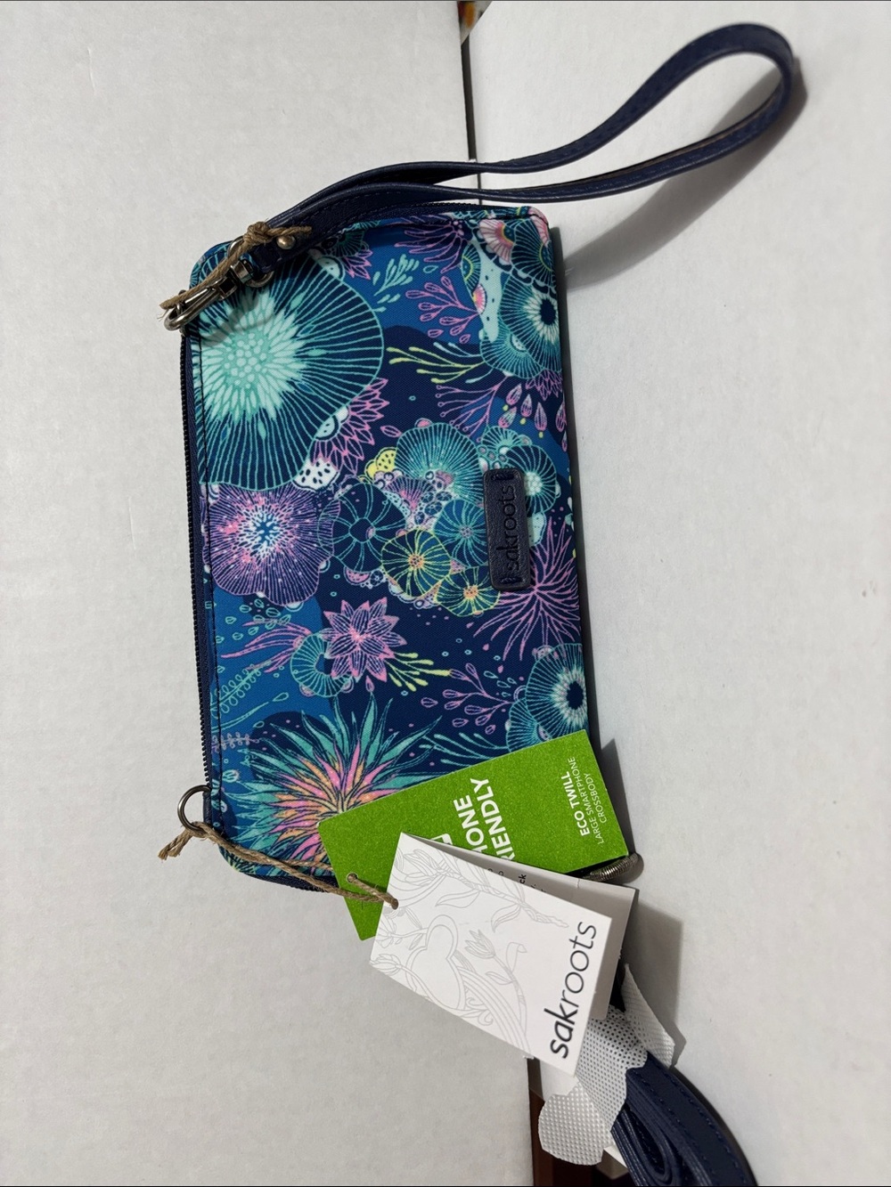 Sakroots Navy Floral Wristlet with Teal, Purple & Pink Accents